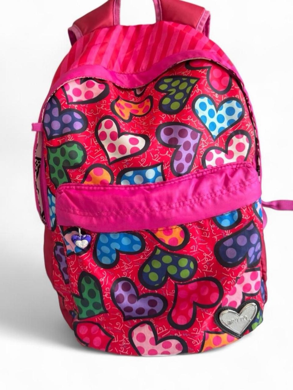 Britto pink backpack with multicolored hearts